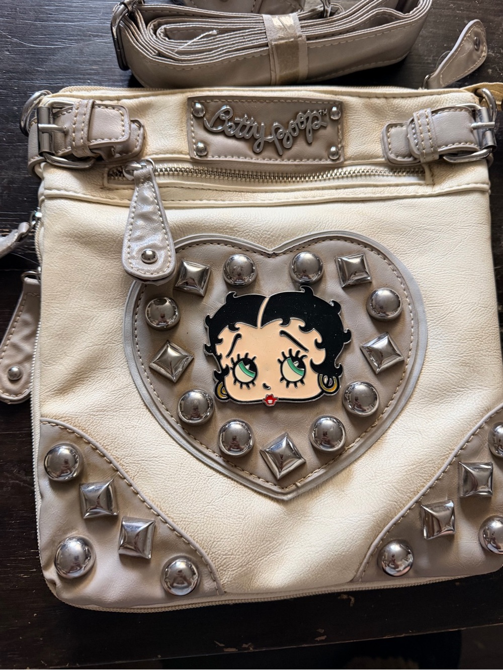 Betty Boop Beige & Taupe Studded Heart Crossbody Bag 11” x 10”